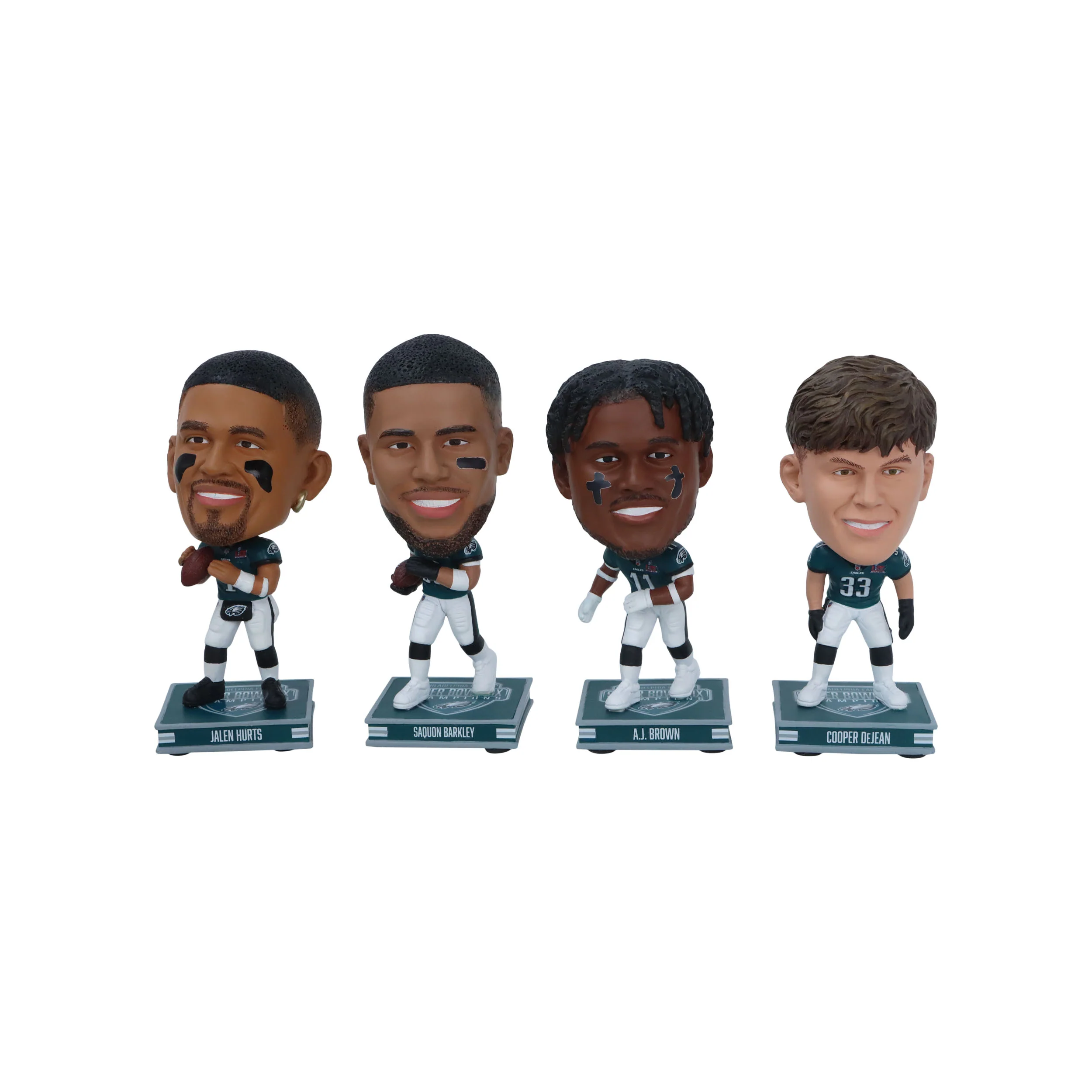 Jalen Hurts, Saquon Barkley, A.J. Brown & Cooper DeJean Philadelphia Eagles Super Bowl LIX Champions Mini Bighead 4-Pack Set NFL Bobblehead