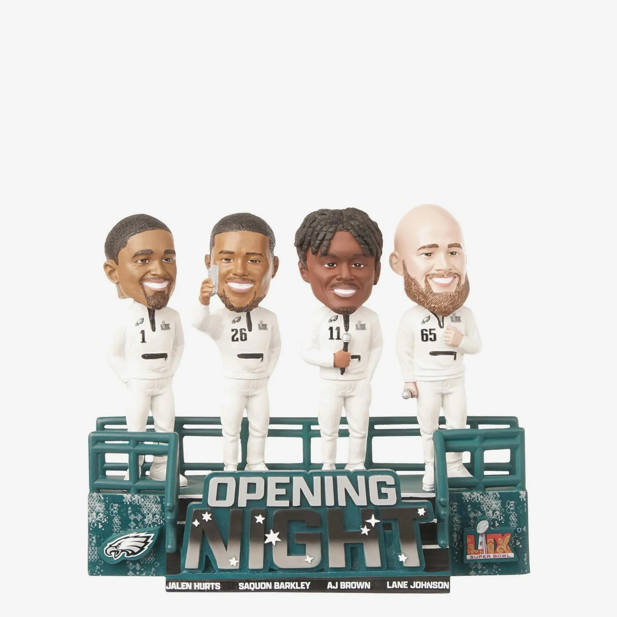 Jalen Hurts, Saquon Barkley, A.J Brown & Lane Johnson Philadelphia Eagles Super Bowl LIX Outfit Mini Scene NFL Football Bobblehead