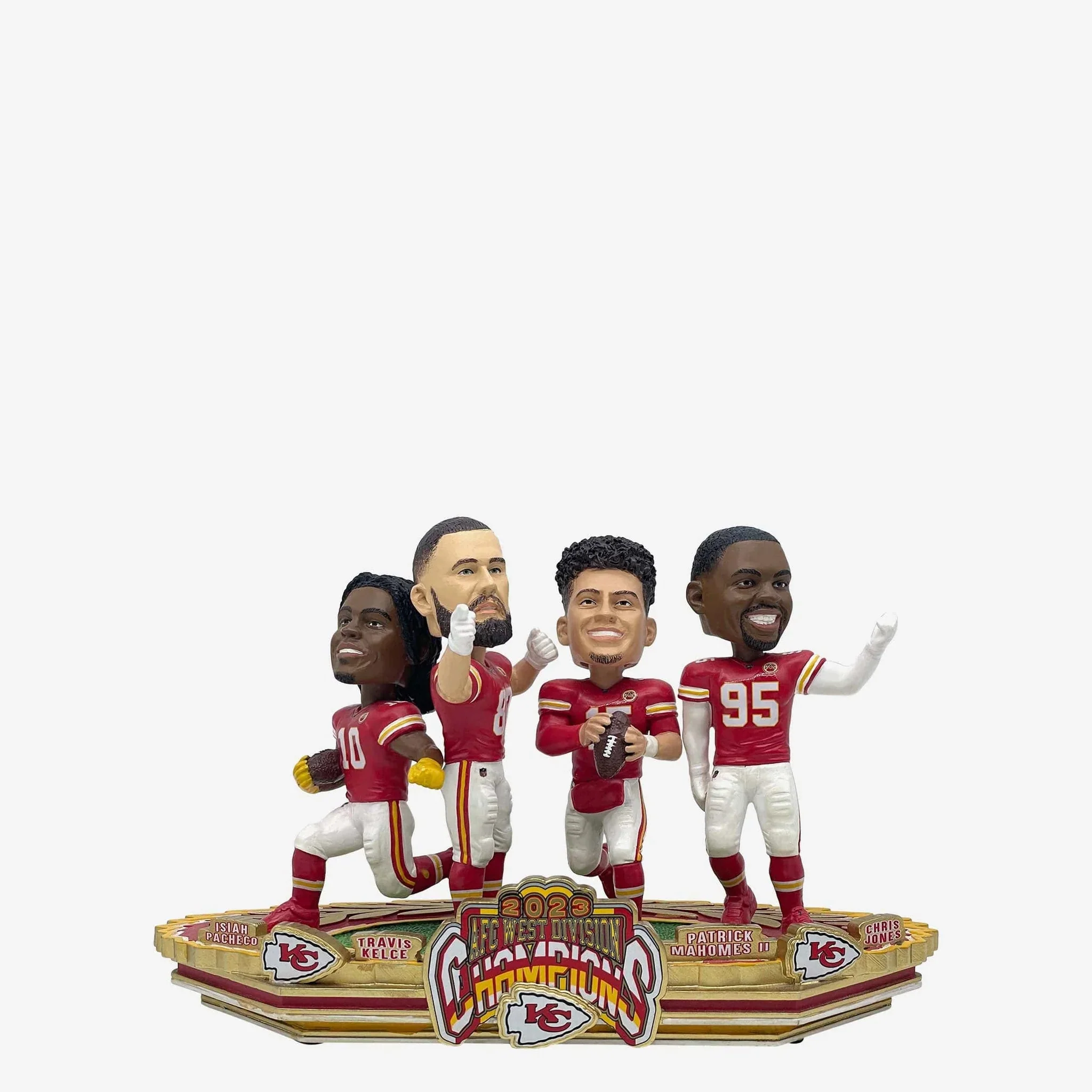 Isiah Pacheco, Travis Kelce, Patrick Mahomes & Chris Jones Kansas City Chiefs 2023 AFC West Division Champions Mini Bobblehead Scene NFL Football Bobblehead